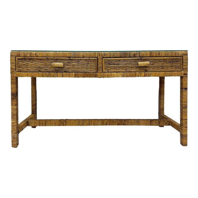 Palm Beach Regency Coastal Modern Split Rattan Console With 2 Drawers For Sale