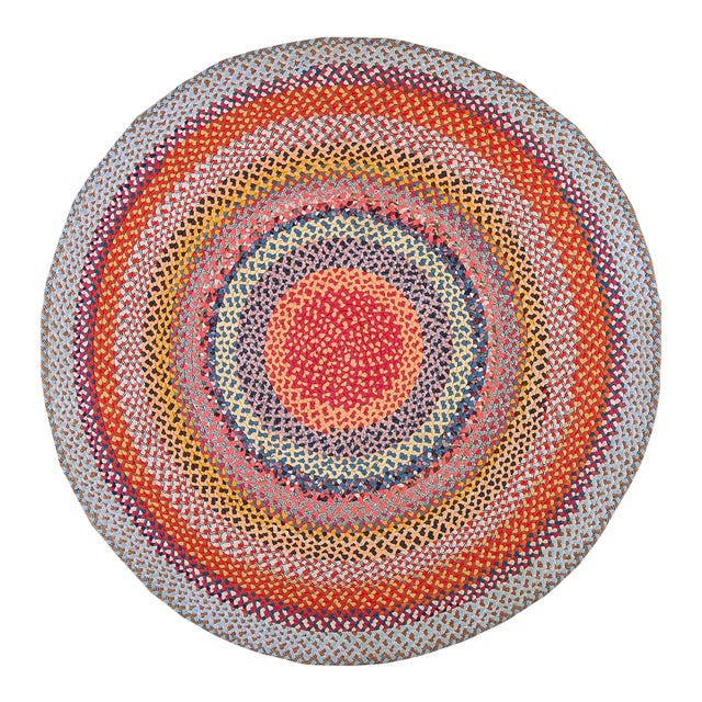 1930s Multi Background Wtih Folk Art Styles Round Antique American Braided Rug For Sale