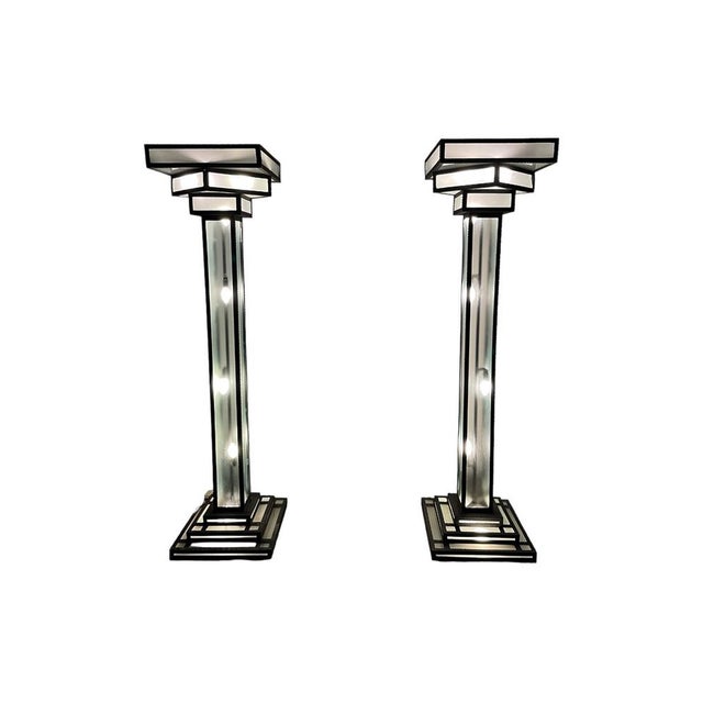Glass Large Art Deco Floor Lamps Hotel Hammered Iron and Glass, France, 1930s, Set of 2 For Sale - Image 7 of 18