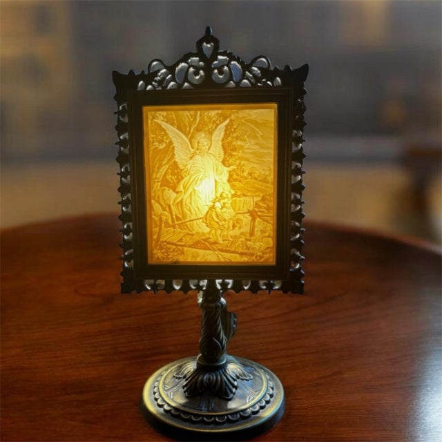 1980s Guardian Angel Lithophane Victorian Accent Lamp Featuring a Translucent Porcelain Panel Illuminated From Behind For Sale - Image 11 of 11