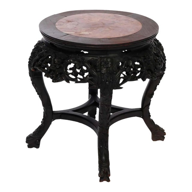 Antique Chinese Carved Hardwood Marble Top Plant Stand, Circa 1920 For Sale