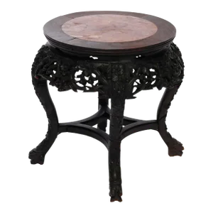 Antique Chinese Carved Hardwood Marble Top Plant Stand, Circa 1920