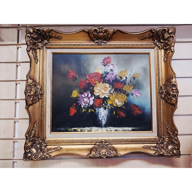 Vintage Floral Oil Painting on Canvas with Ornate Gilt Frame Flowers, Circa 1980 For Sale - Image 17 of 18