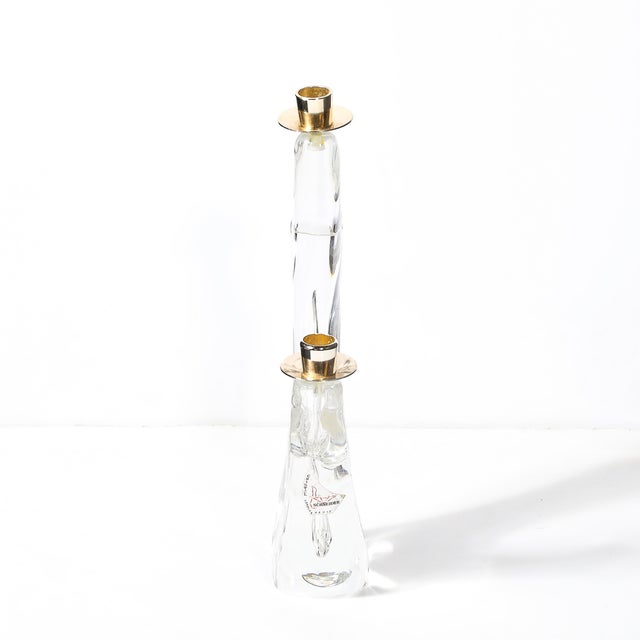Schneider Glass Mid-Century Amorphic Crystal & Brass Two Arm Candelabra Signed Schneider For Sale - Image 4 of 10