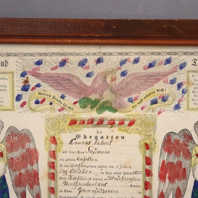 Pa German Fraktur Taufschein Watercolor & Ink Birth/Baptismal Certificate C1857 For Sale - Image 9 of 12