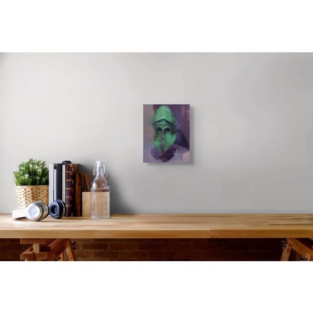 Early 21st Century Peacemaker by Elena Burykina | Oil on panel Green helmeted figure against a purple background. For Sale - Image 5 of 5