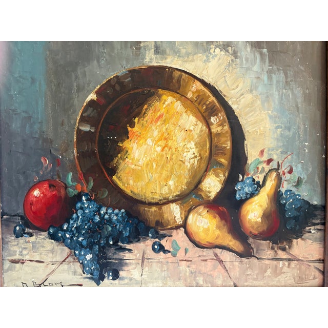 This fabulous mid-century modern original painting, by D. Bloom, depicts a brass platter surrounded by fruit including an...