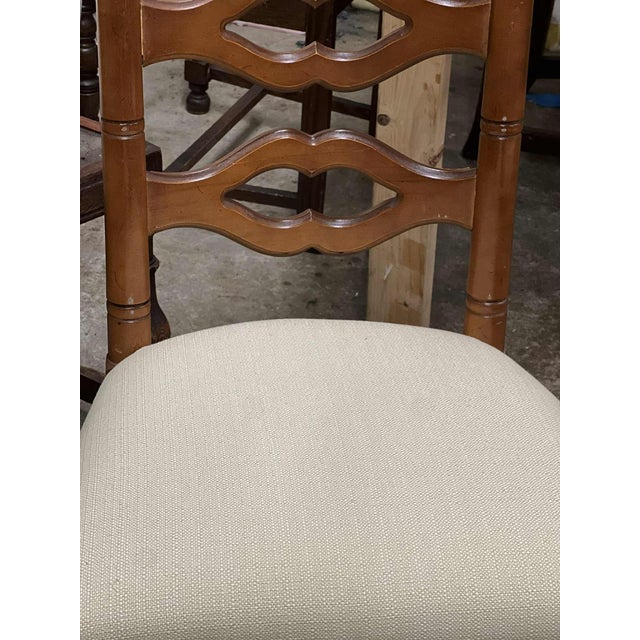 1960s Vintage Drexel Attributed Spanish Revival Maple Wood Ladderback Dining Chairs With New Seat Upholstery - Set of 6 For Sale - Image 5 of 6
