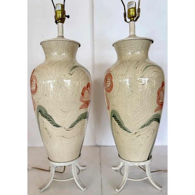 1980s Pair of Ceramic Table Lamps With Hand Painted Flowers & Crackle Finish on Metal Stands. For Sale - Image 5 of 9