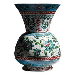 Handmade Ceramic “Kandil” Vase (30cm) – Classic Ottoman Form – Polychrome Red & Green Floral Art For Sale