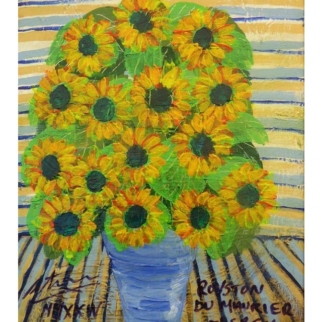 A decorative contemporary floral still life by listed artist Royston du Maurier-Lebek, depicting a vibrant arrangement of...