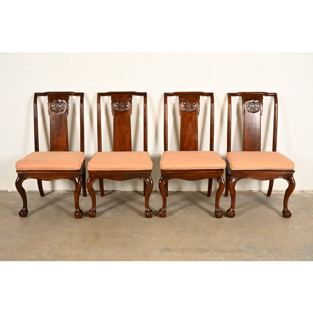 Mid-Century Modern Drexel Heritage Hollywood Regency Chinoiserie Sculpted Mahogany Dining Chairs, Set of Four For Sale - Image 3 of 14
