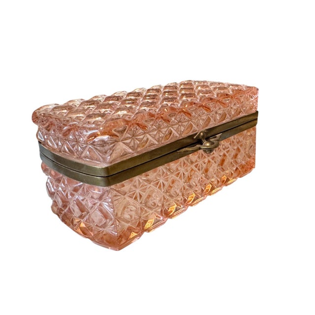 Victorian Large Antique Continental Pink Pressed Glass Jewelry Casket With Brass Mounts For Sale - Image 3 of 9