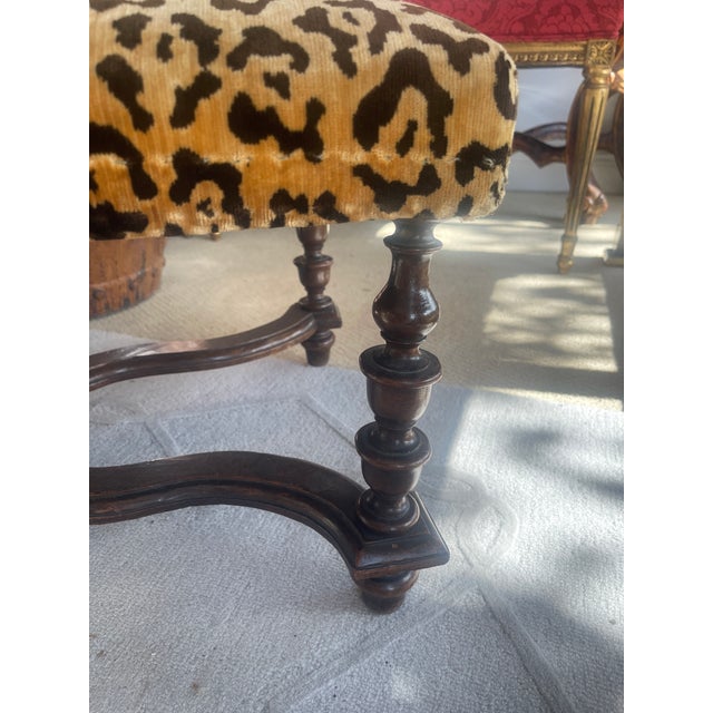 French Louis XIII Style Turned Wood Ottoman, Animal Print Velvet For Sale - Image 10 of 16