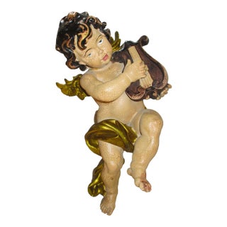 Vintage Large Baroque Putti Cherub Sculpture With Lyre For Sale