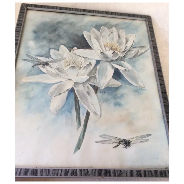 Art Deco Early 20th Century Original Watercolor Painting, Lily Flowers, Dragonflies, Signed w.a.s. For Sale - Image 3 of 5