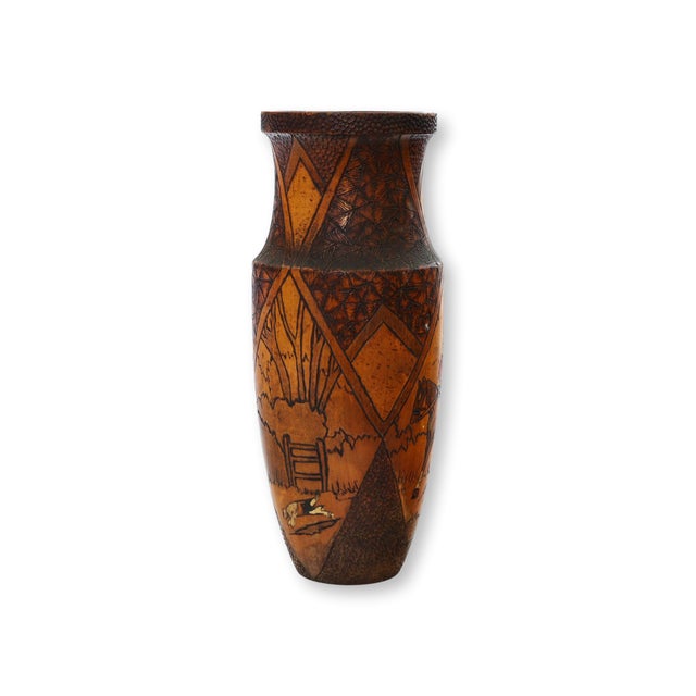Hand-Carved & Painted Wood Hunting Scene Vase For Sale - Image 4 of 7