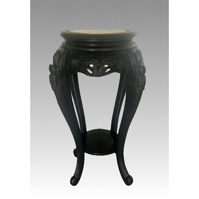 Antique Japanese Iris Pedestal / Plant Stand, Ebonised Carved Black Wood Side Table For Sale - Image 4 of 16