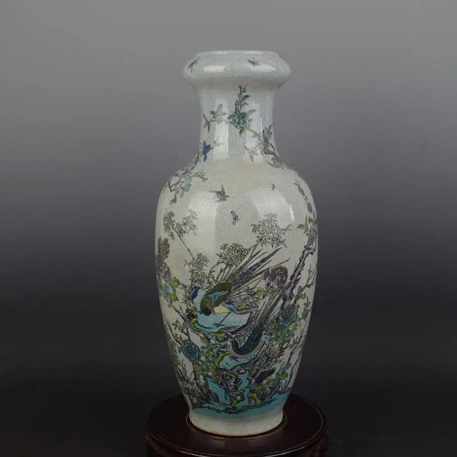 Antique White Chinese Vintage Porcelain Vase Qing Dynasty Qianlong Marked Crackle Glaze Famille Verte Porcelain Vase Hand Painted Flowers and Birds Pattern For Sale - Image 8 of 8