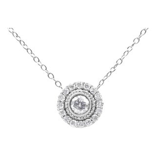 .925 Sterling Silver 1/2 Cttw Round Diamond Halo Circle Pendant 18" Necklace For Sale