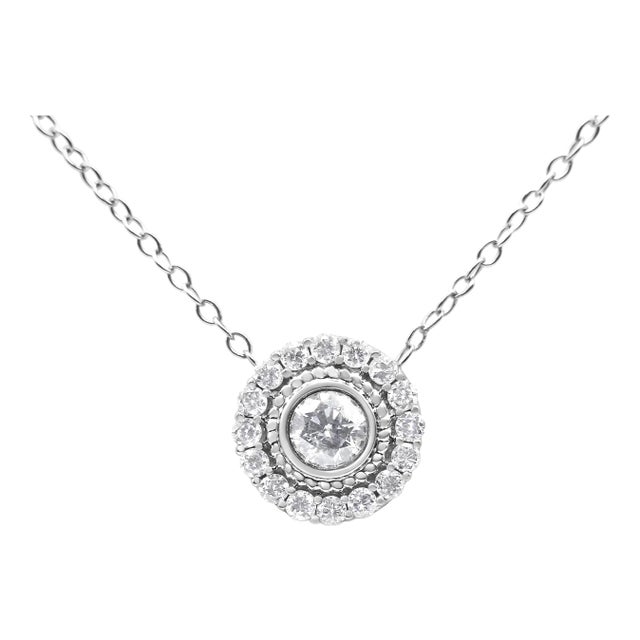 .925 Sterling Silver 1/2 Cttw Round Diamond Halo Circle Pendant 18" Necklace For Sale