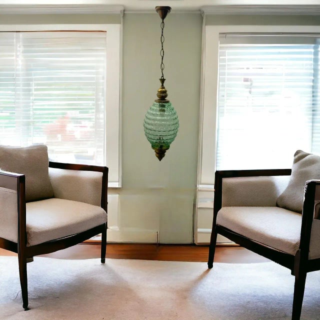 Murano glass green light pendant 1950’s brass fittings green murano glass shade height including chain and ceiling canopy...