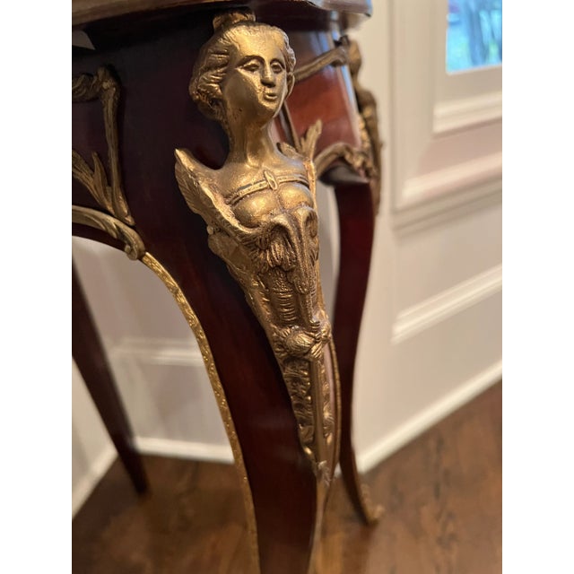 Wood 1990s Vintage French Style Painted Figures Brass Ormolu Accents Tall Table For Sale - Image 7 of 12