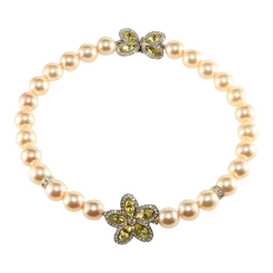 1990s Kenneth Jay Lane, Necklace Faux Pearls Yellow Rhinestone Flower