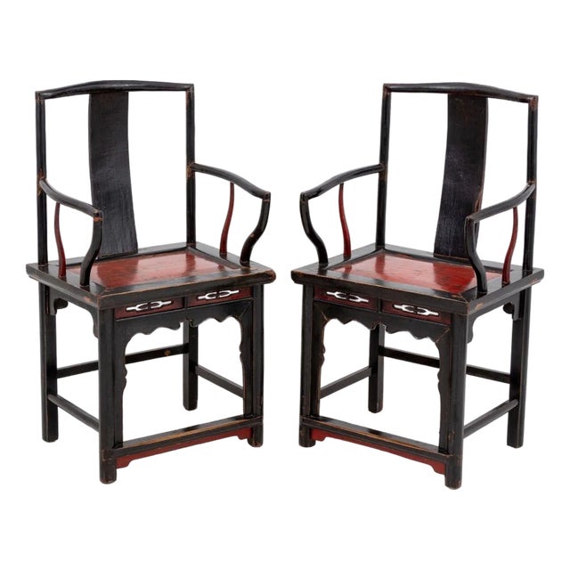 Chinese Black Lacquered Armchairs, Pair For Sale
