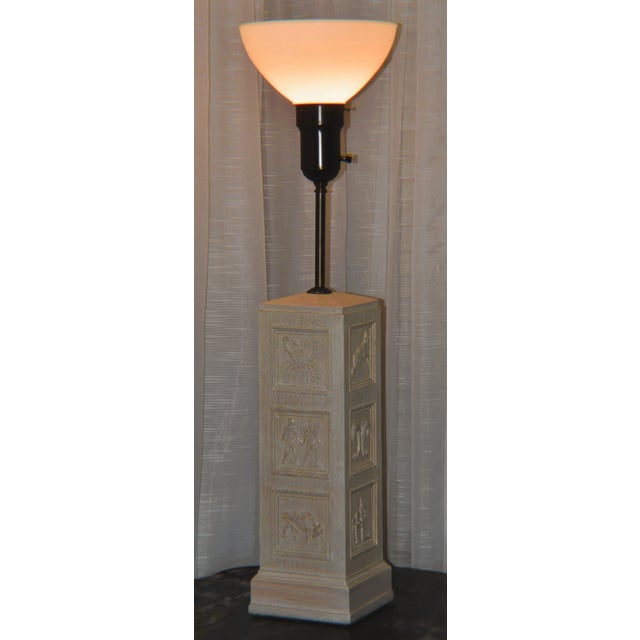 Beautiful Romweber Viking Oak Whitewashed Carved Zodiac Table Lamp 37". It is unmarked but attributed to Romweber. The oak...