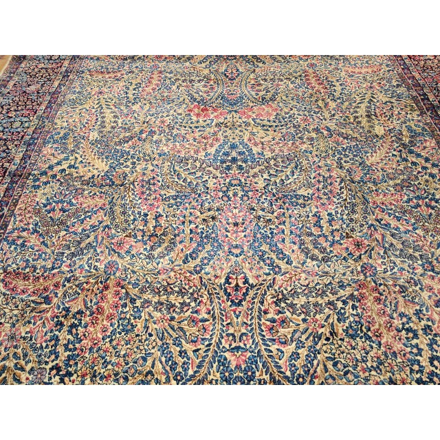 Vintage Oversized Persian Kerman Lavar Rug, Hand-Knotted Wool, Floral Pattern, Ivory & Blue, 11’ X 18’ For Sale In Chicago - Image 6 of 16