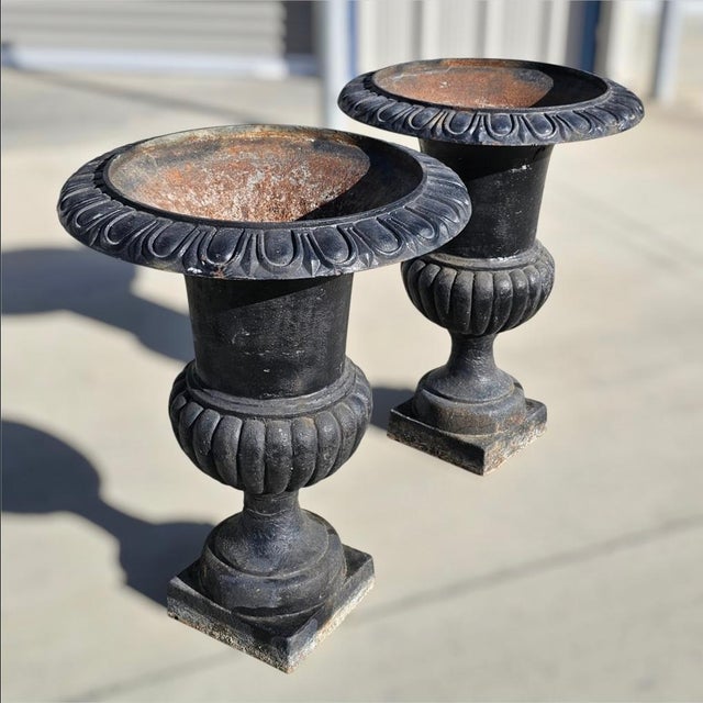 Mid-Century Modern Large Antique Classical Cast Iron Garden Urn Planter a-Pair For Sale - Image 3 of 18