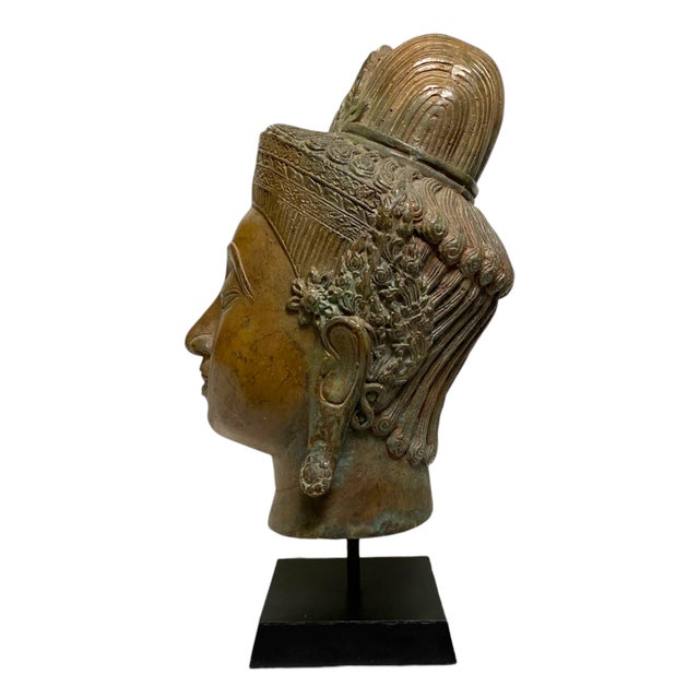 Thai Bronze Buddha Head Statue Vintage Ayutthaya Style Bust Sculpture Decor For Sale - Image 11 of 18
