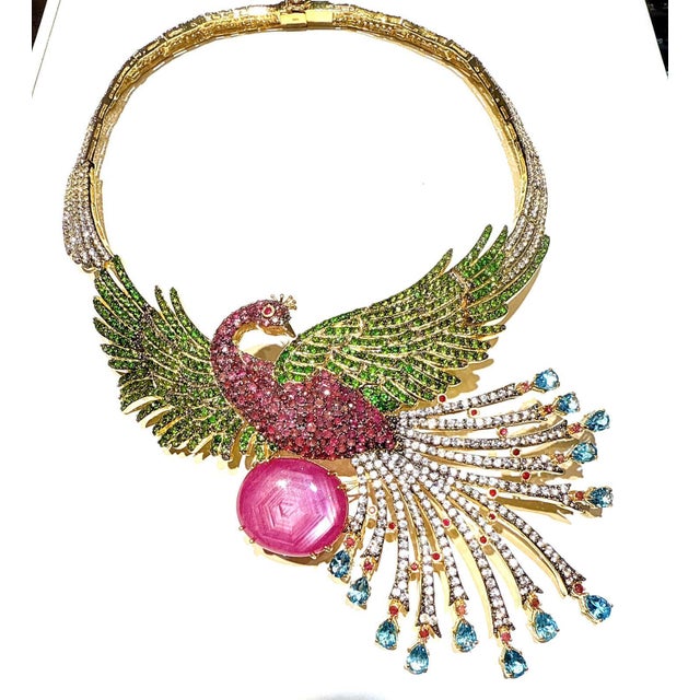 Bochic “Capri” Vintage Ruby, Sapphire & Garant Peacock Necklace Set In 18K & Sil For Sale In New York - Image 6 of 8