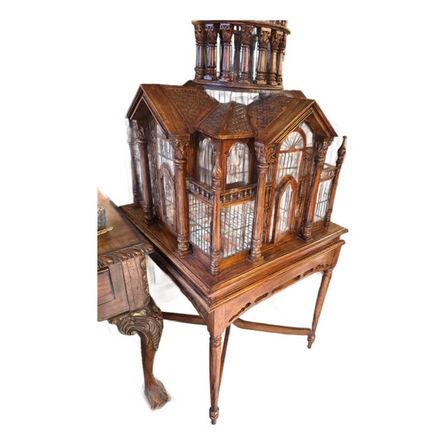 Antique Handcrafted Walnut Cathedral Bird Cage With Architectural Spire For Sale