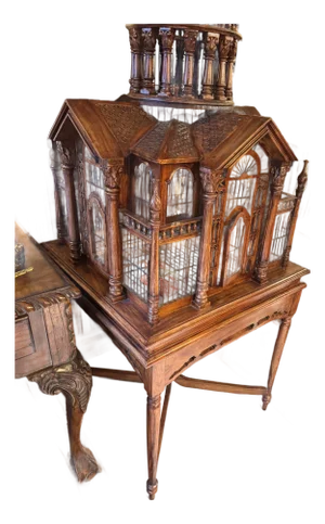 Antique Handcrafted Walnut Cathedral Bird Cage With Architectural Spire