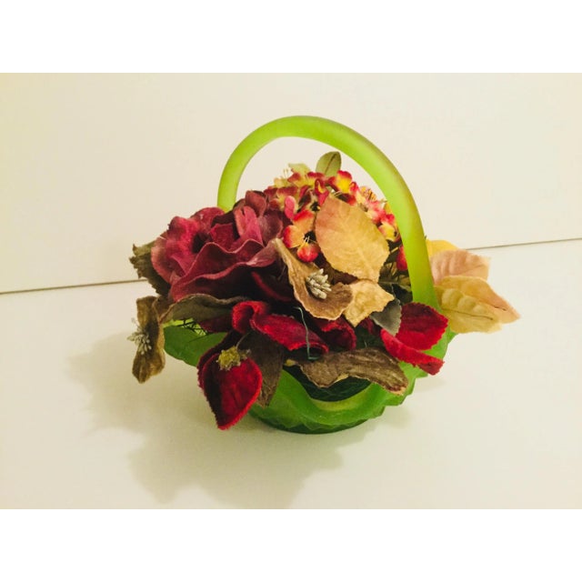 American artistan made vibrant matte green 1950s glass basket vase holds flocked velvet Vintage hat flowers resulting in a...