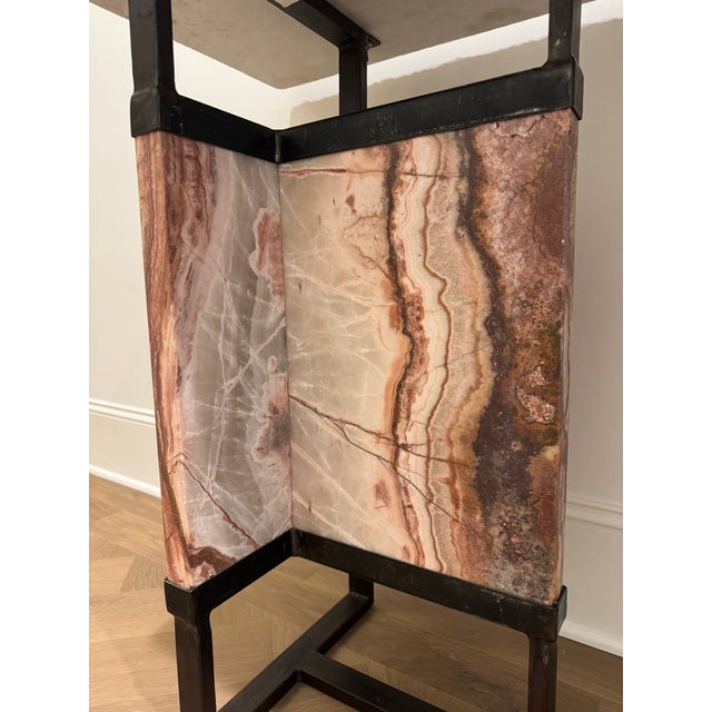 White Architectural Marble & Onyx Console Table With Blackened Iron Base For Sale - Image 8 of 8