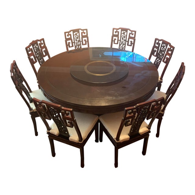 Chinese Rosewood Round Dining Set with Lazy Susan 9 Pieces Chairish