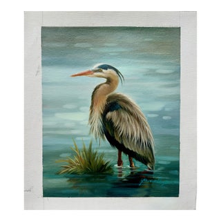 Blue Heron Coastal Original Oil on Canvas, Unstretched by Brunehylis For Sale