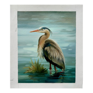 Blue Heron Coastal Original Oil on Canvas, Unstretched by Brunehylis