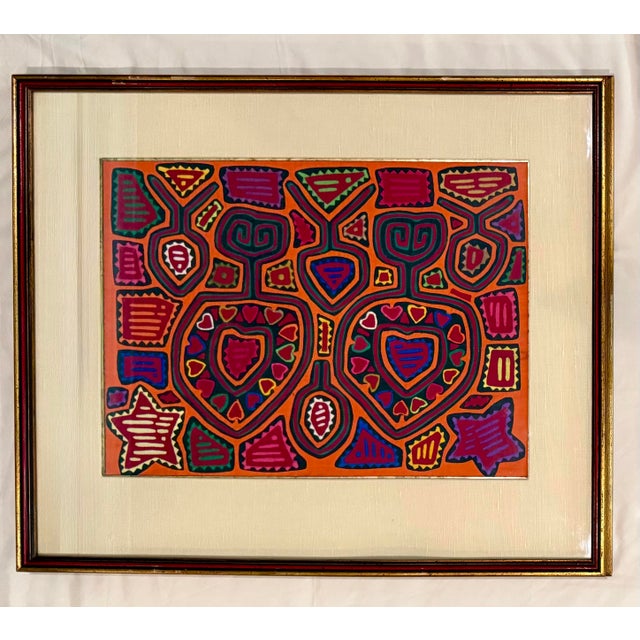 Red Vintage Framed Panamanian Folk Art Guna Kuna Hand-Stitched Mola Textile For Sale - Image 8 of 8