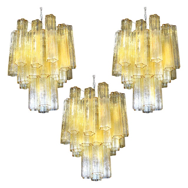 Tube Chandeliers in Gold Murano Glass, 1970s, Set of 3 For Sale
