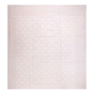 1960s White Diamond Modern Vintage Indian Dhurrie Rug 13' 5"x28' Cotton Carpet For Sale