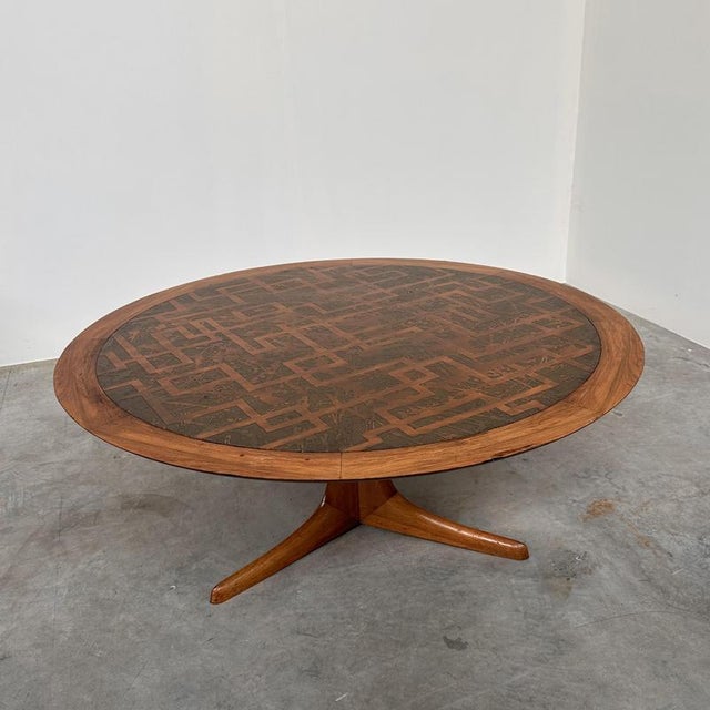 Vintage Wood Coffee Table with Etched Brass Top, 1970s For Sale - Image 3 of 14