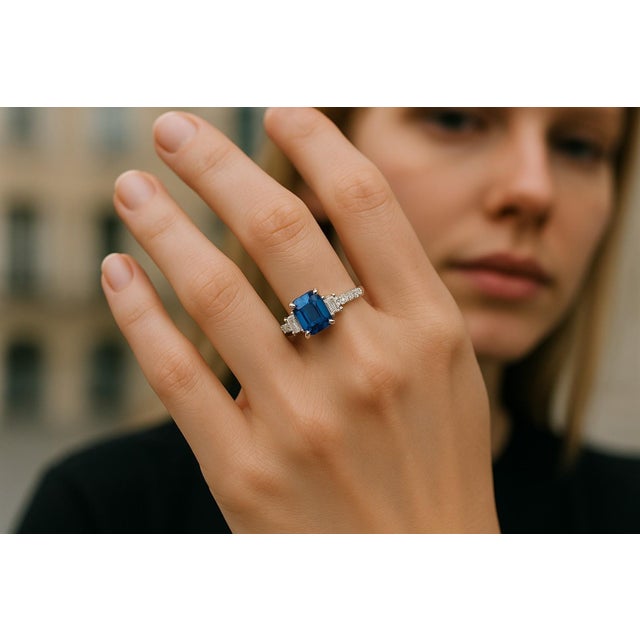 This is part of Chairish’s Fine Jewelry assortment. Introducing our stunning Eighteen Karat White Gold Emerald Shaped...