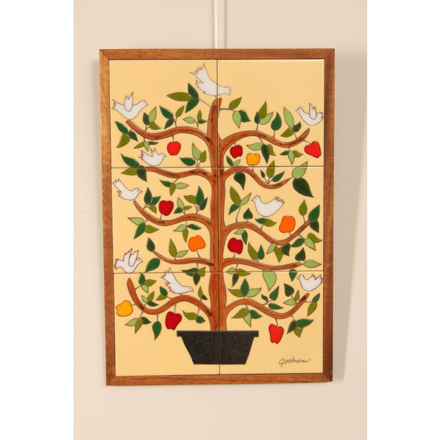 High Quality Pennsylvania Dutch Style Framed Ceramic Art of Doves in an Apple Tree of Life, Signed 'Goodman'