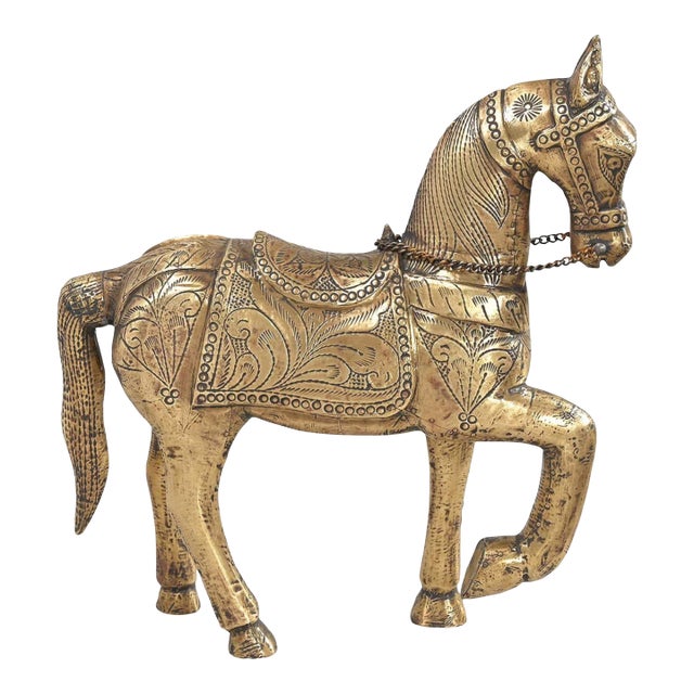 1970s Gold Brass Horse Statue | Hand Carved Mango Wood Animal Sculpture | 16 Inch Tall Indian Home Decor | Luxury Housewarming Gift For Sale