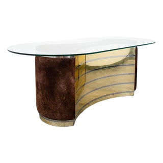 Mid Century Modern Dining Table Glass Curved Mirrored Velvet Attributed to Willy Rizzo Italy For Sale