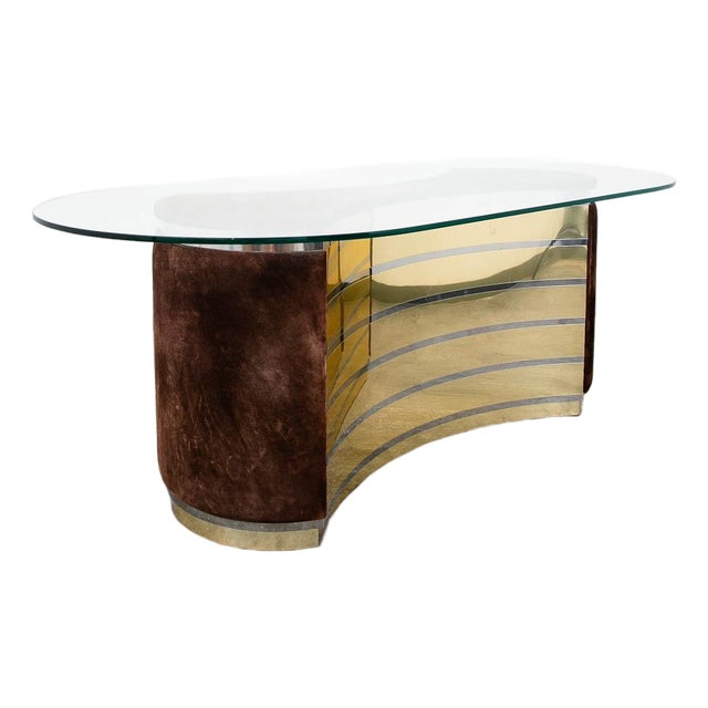 Mid Century Modern Dining Table Glass Curved Mirrored Velvet Attributed to Willy Rizzo Italy For Sale
